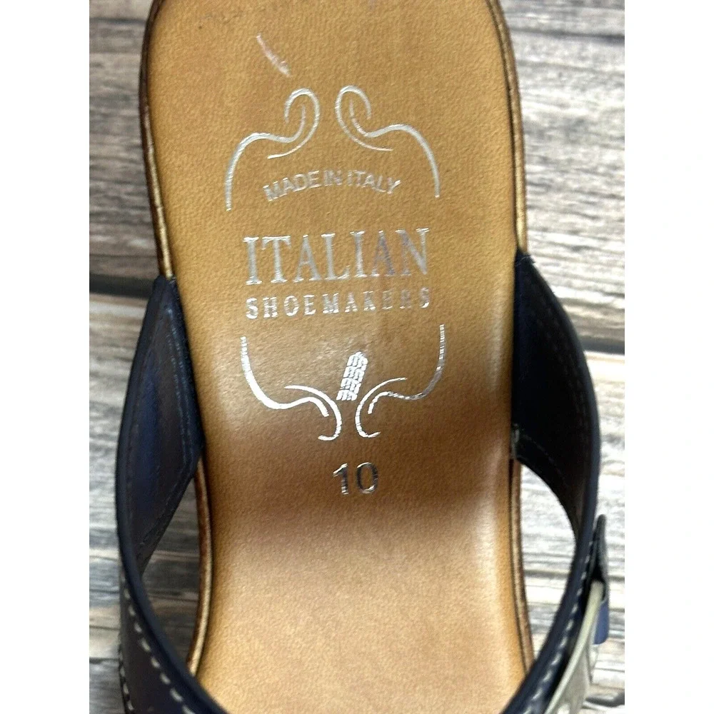 Italian Shoemaker Sandals Wedge‎ Navy Blue Leather Straps Fits 10 M